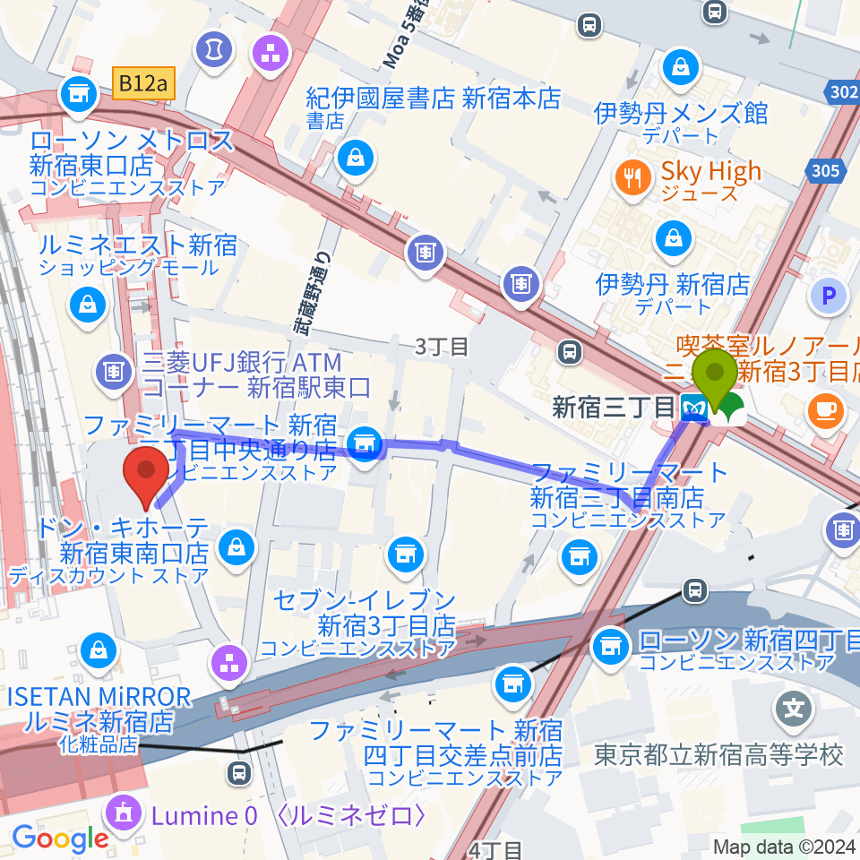 新宿三丁目駅から新宿シネマカリテへのルートマップ地図