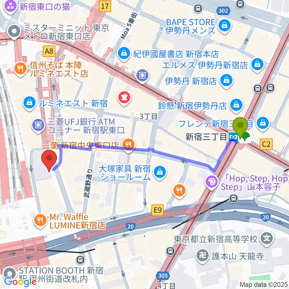 新宿三丁目駅から新宿シネマカリテへのルートマップ地図