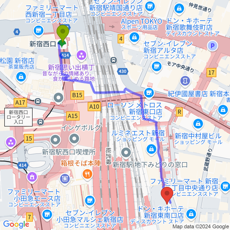 新宿西口駅から新宿シネマカリテへのルートマップ地図