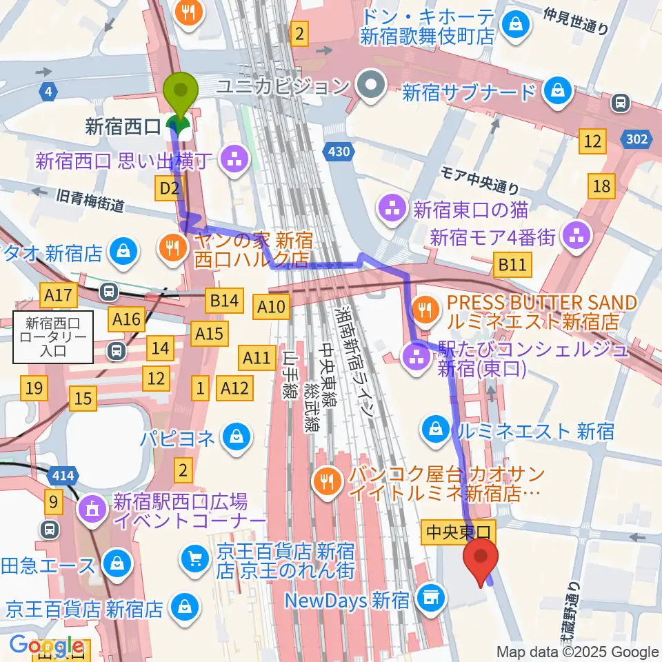 新宿西口駅から新宿シネマカリテへのルートマップ地図