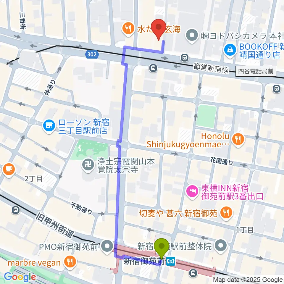 新宿アットシアターの最寄駅新宿御苑前駅からの徒歩ルート（約6分）地図