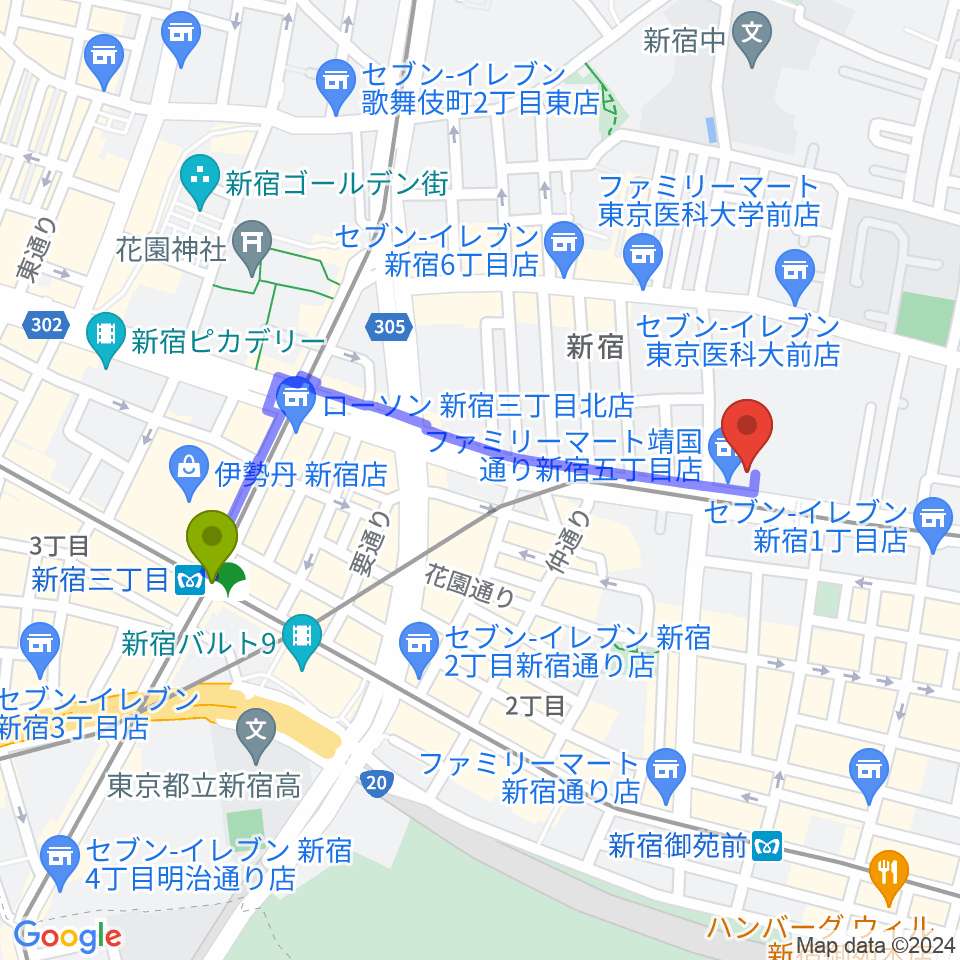 新宿三丁目駅から新宿アットシアターへのルートマップ地図