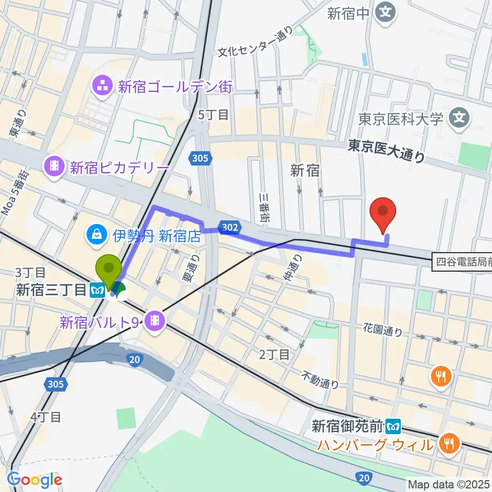 新宿三丁目駅から新宿アットシアターへのルートマップ地図