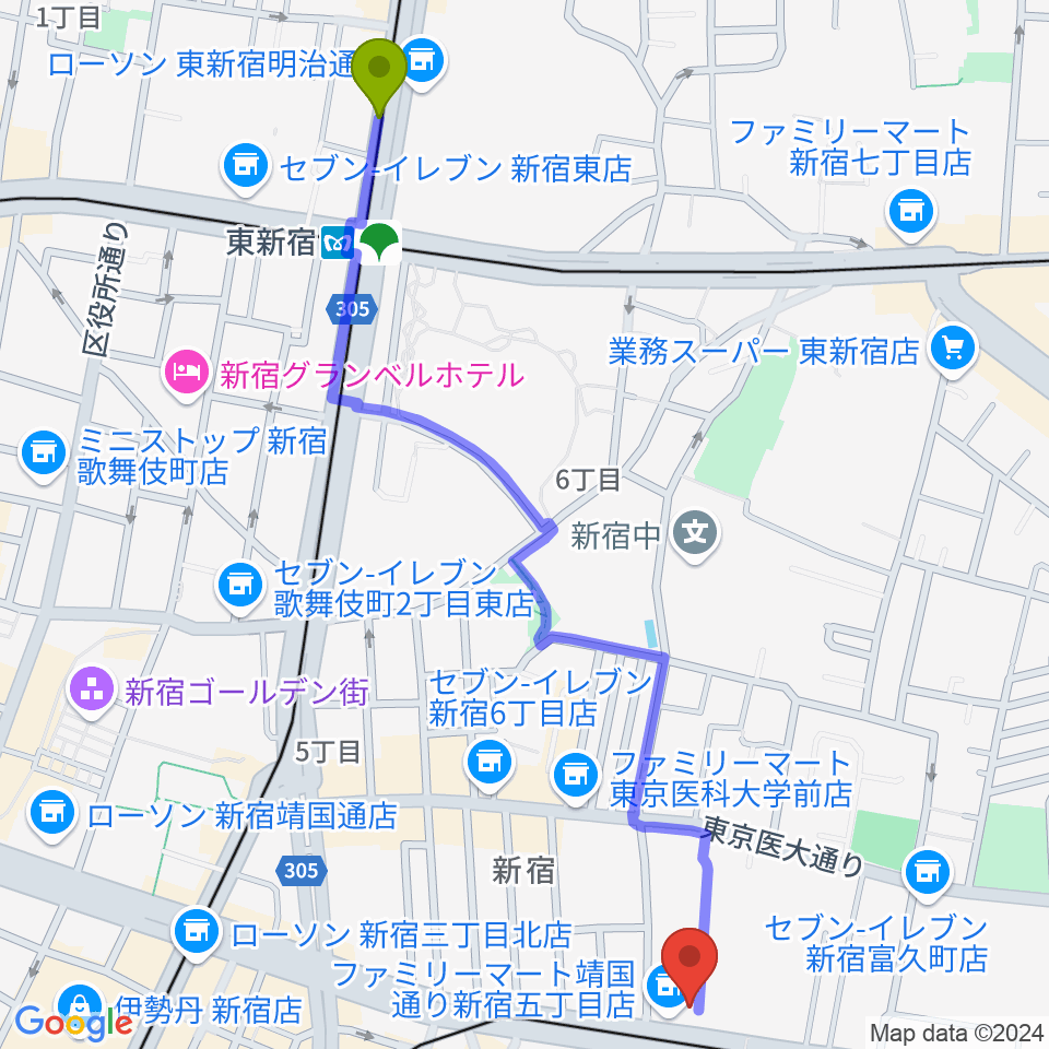 東新宿駅から新宿アットシアターへのルートマップ地図