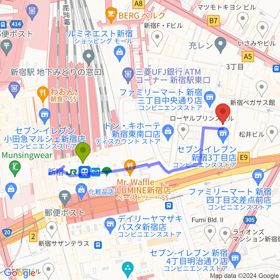 新宿駅からユニオンレコード新宿へのルートマップ地図