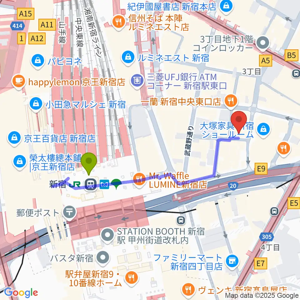 新宿駅からユニオンレコード新宿へのルートマップ地図