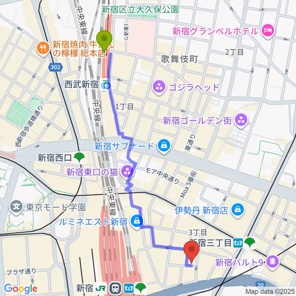 西武新宿駅からユニオンレコード新宿へのルートマップ地図