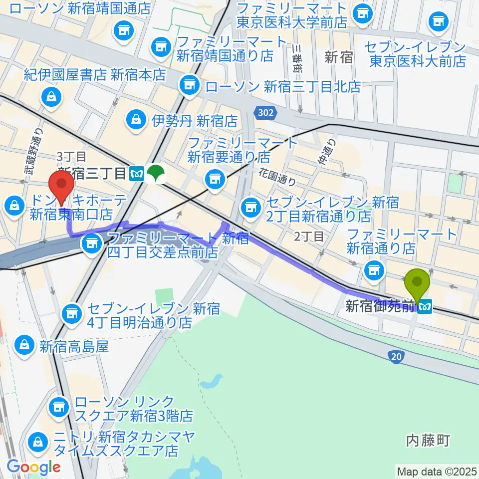 新宿御苑前駅からユニオンレコード新宿へのルートマップ地図