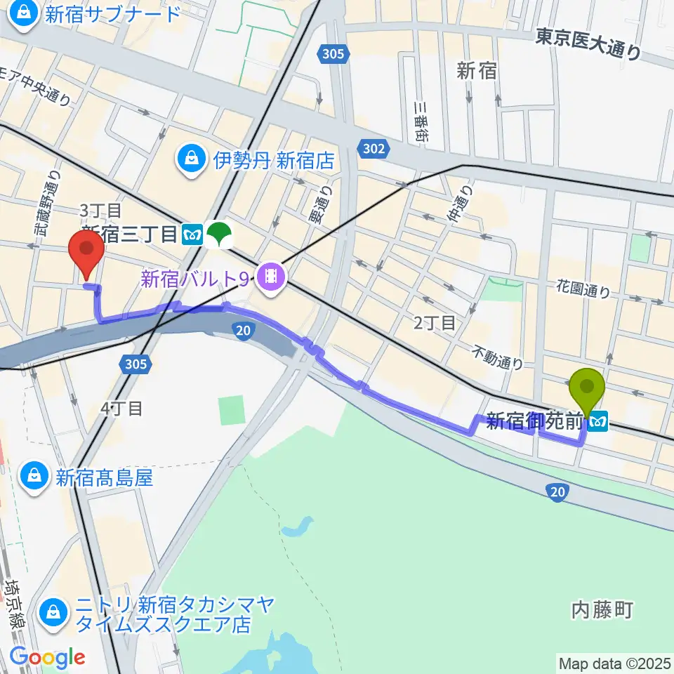 新宿御苑前駅からユニオンレコード新宿へのルートマップ地図