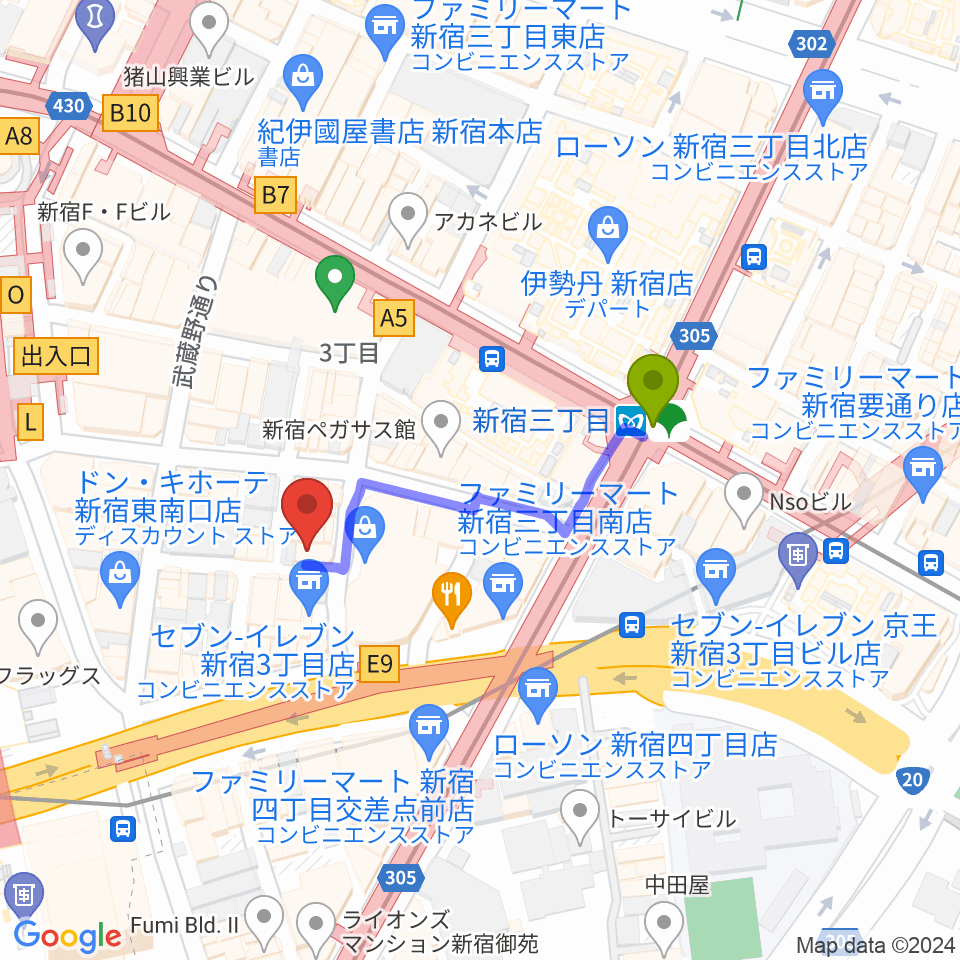 ユニオンレコード新宿の最寄駅新宿三丁目駅からの徒歩ルート（約3分）地図