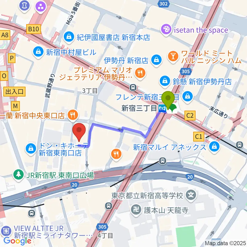 ユニオンレコード新宿の最寄駅新宿三丁目駅からの徒歩ルート（約3分）地図