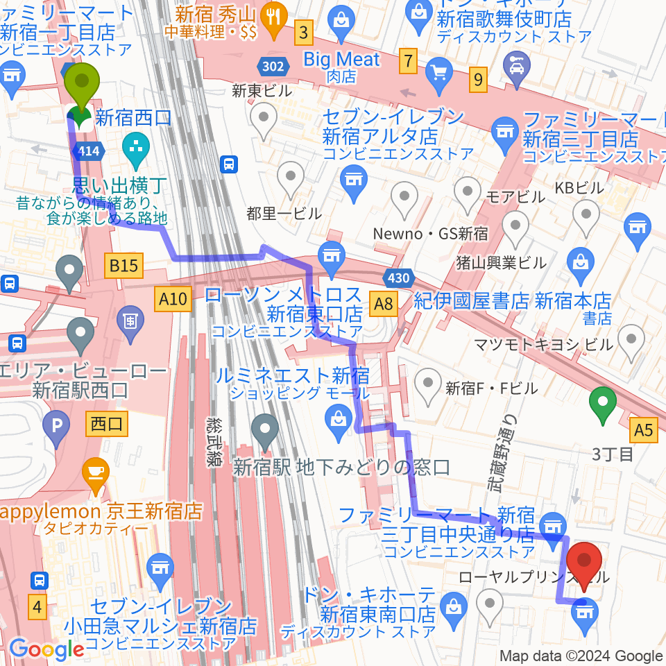 新宿西口駅からユニオンレコード新宿へのルートマップ地図