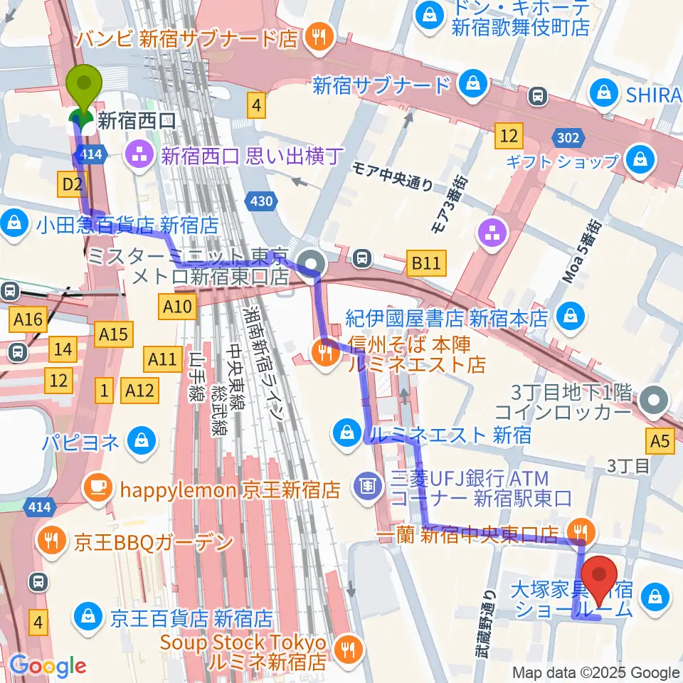 新宿西口駅からユニオンレコード新宿へのルートマップ地図