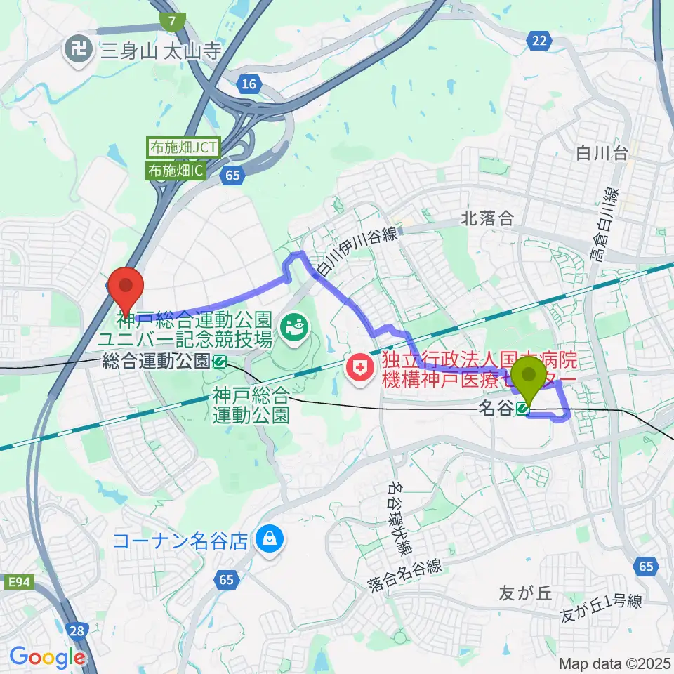 名谷駅からG7スタジアム神戸へのルートマップ地図