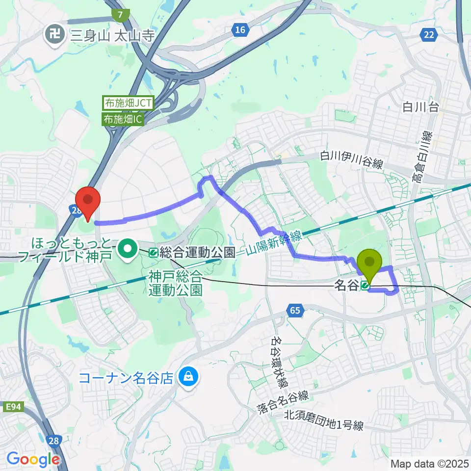 名谷駅からG7スタジアム神戸へのルートマップ地図