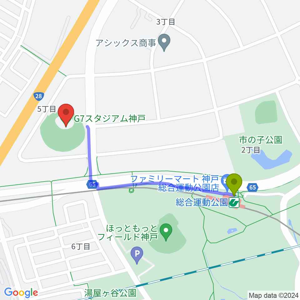G7スタジアム神戸の最寄駅総合運動公園駅からの徒歩ルート（約10分）地図