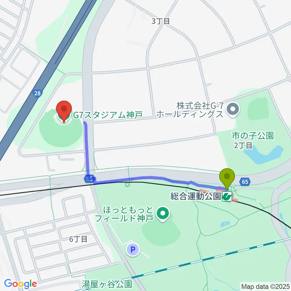 G7スタジアム神戸の最寄駅総合運動公園駅からの徒歩ルート（約10分）地図