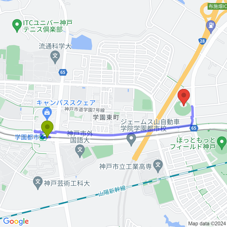 学園都市駅からG7スタジアム神戸へのルートマップ地図