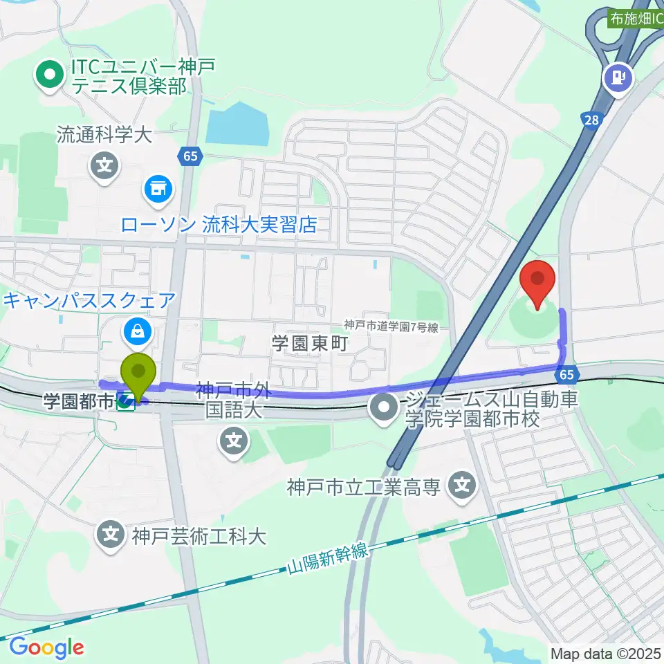 学園都市駅からG7スタジアム神戸へのルートマップ地図