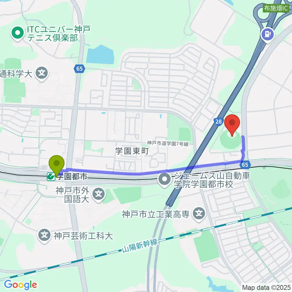 学園都市駅からG7スタジアム神戸へのルートマップ地図