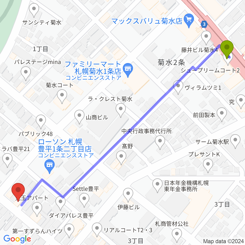 メイプルリーフクラブの最寄駅菊水駅からの徒歩ルート（約7分）地図