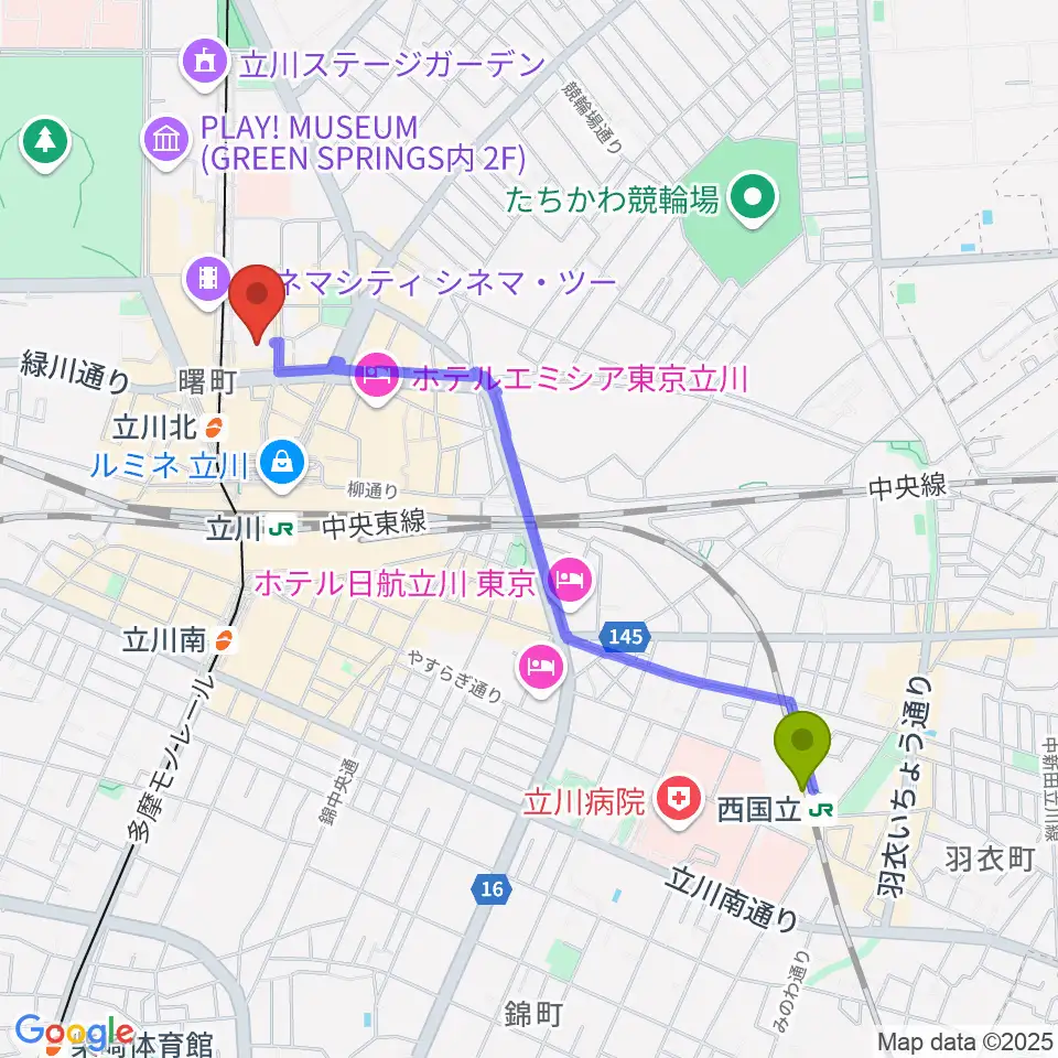 西国立駅からキノシネマ立川高島屋S.C.館へのルートマップ地図
