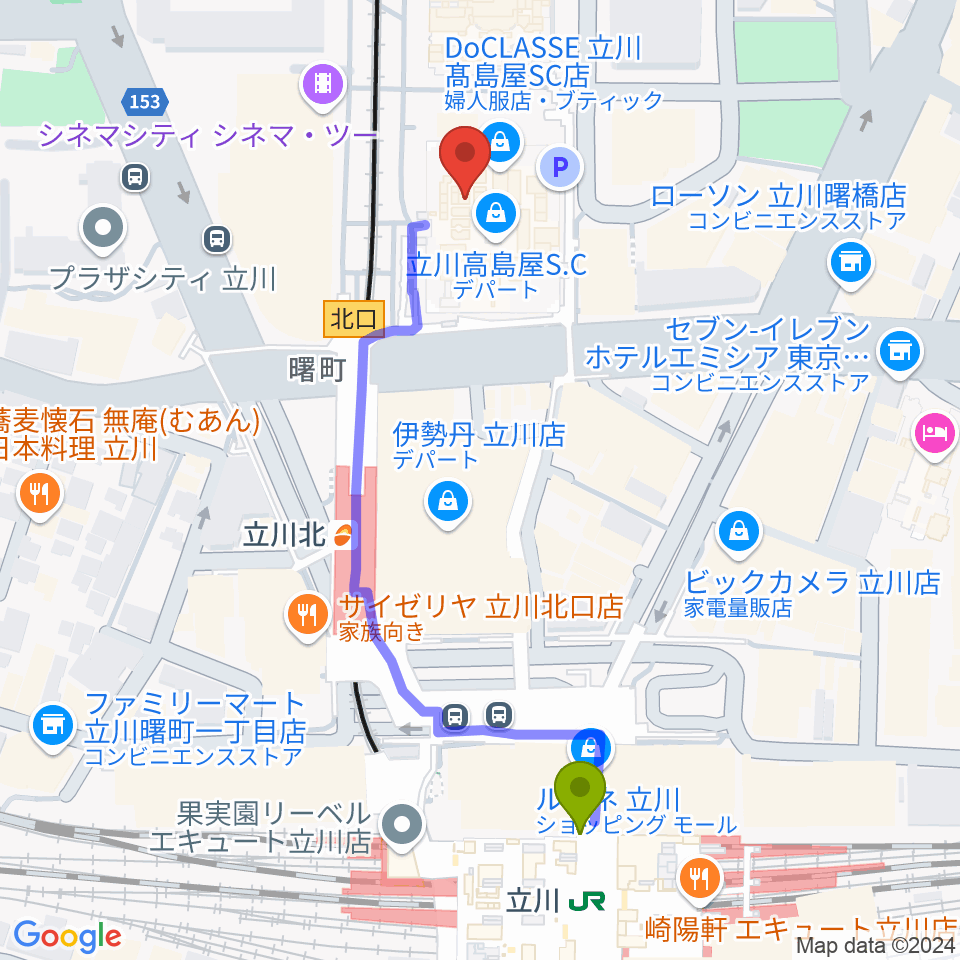 立川駅からキノシネマ立川高島屋S.C.館へのルートマップ地図