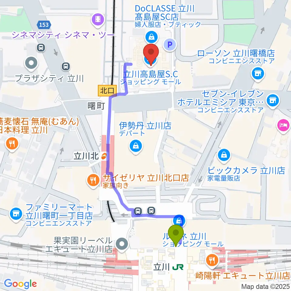 立川駅からキノシネマ立川高島屋S.C.館へのルートマップ地図