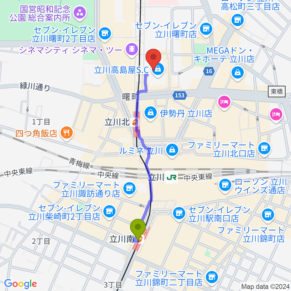 立川南駅からキノシネマ立川高島屋S.C.館へのルートマップ地図