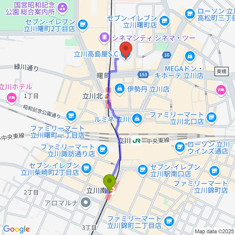 立川南駅からキノシネマ立川高島屋S.C.館へのルートマップ地図