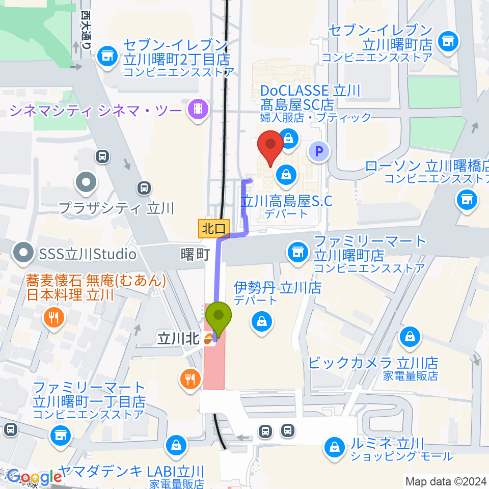 キノシネマ立川高島屋S.C.館の最寄駅立川北駅からの徒歩ルート（約3分）地図