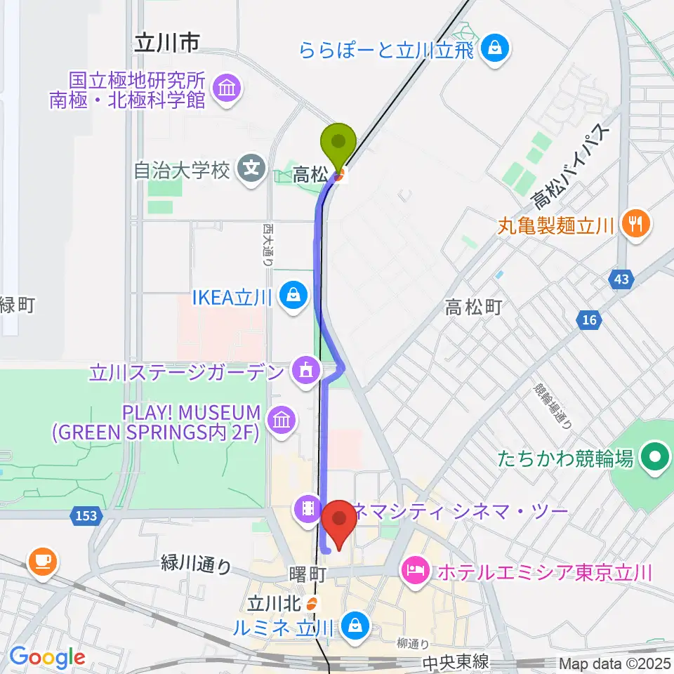 高松駅からキノシネマ立川高島屋S.C.館へのルートマップ地図