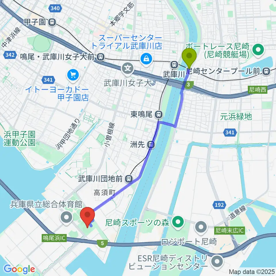 武庫川駅から鳴尾浜臨海野球場へのルートマップ地図