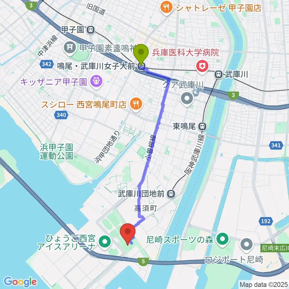 鳴尾・武庫川女子大前駅から鳴尾浜臨海野球場へのルートマップ地図