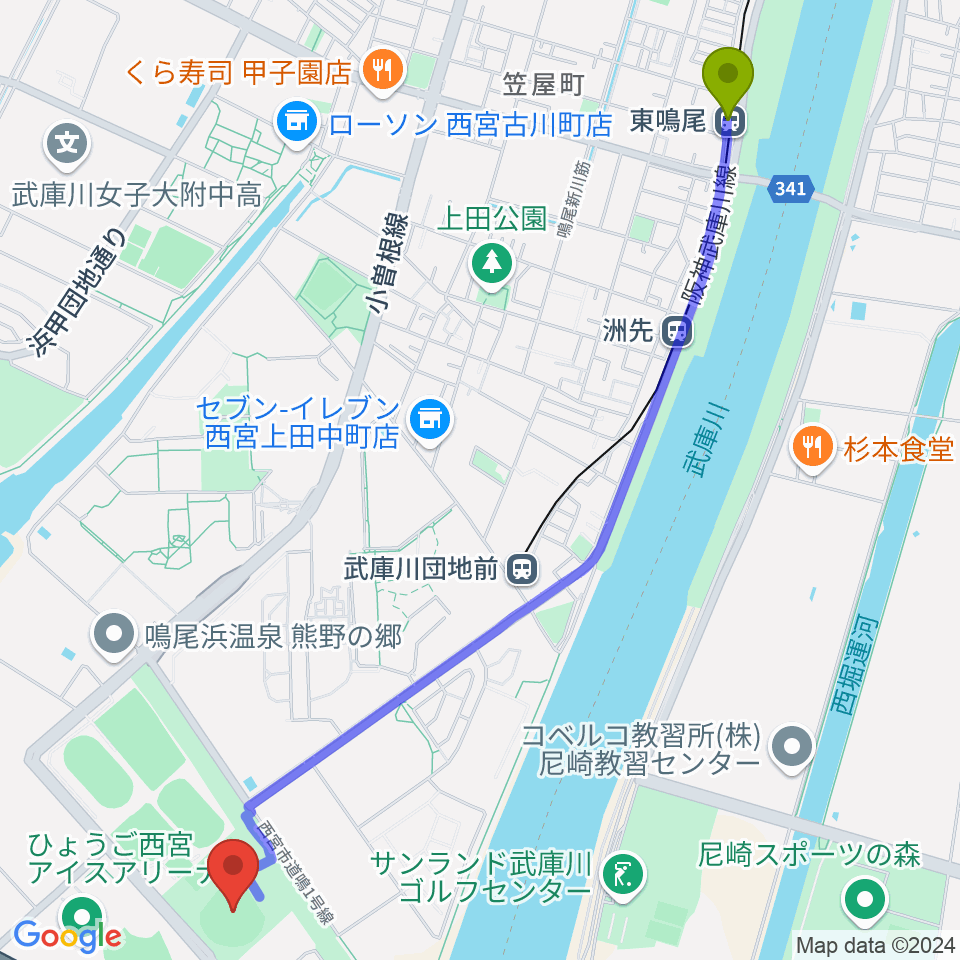 東鳴尾駅から鳴尾浜臨海野球場へのルートマップ地図