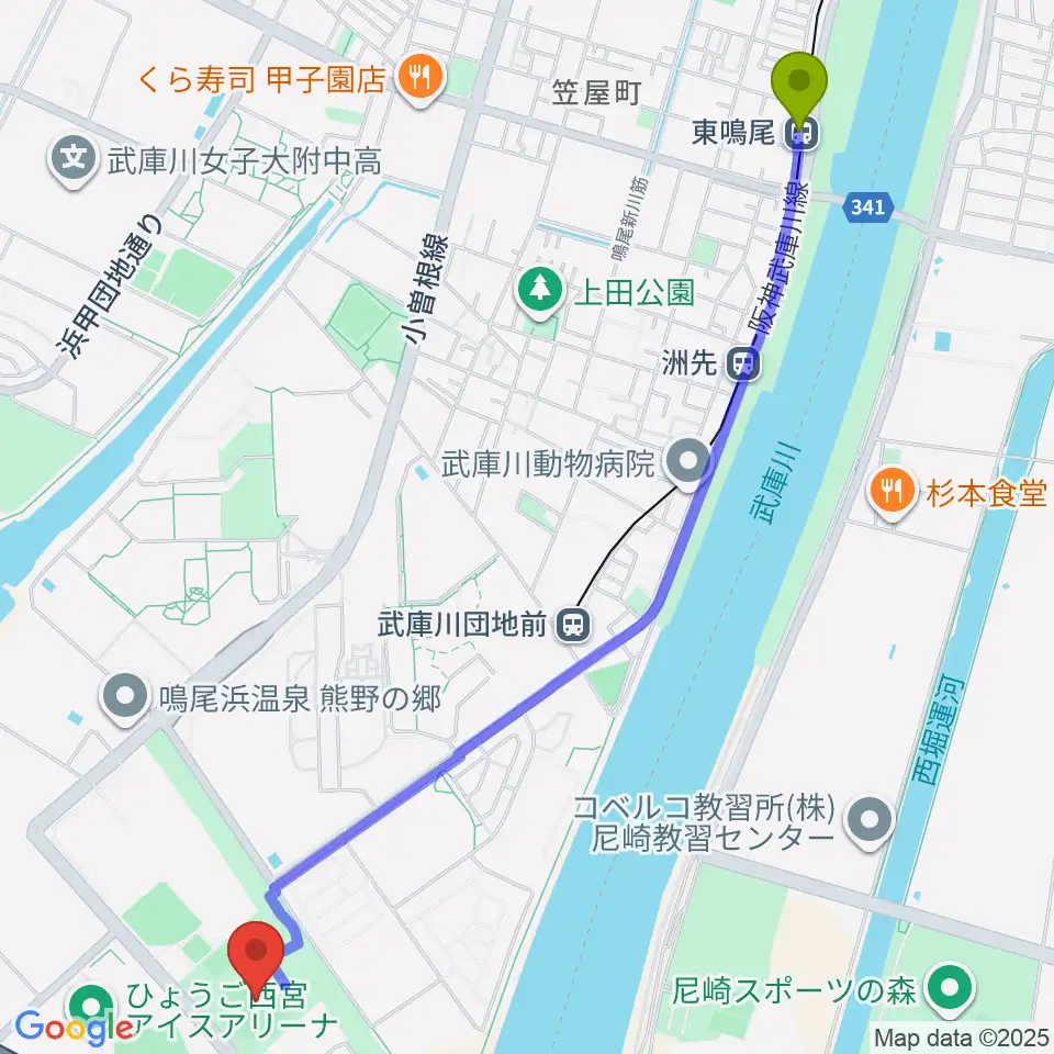 東鳴尾駅から鳴尾浜臨海野球場へのルートマップ地図