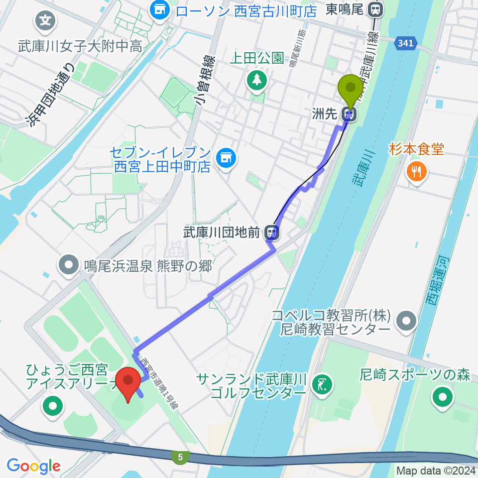 洲先駅から鳴尾浜臨海野球場へのルートマップ地図