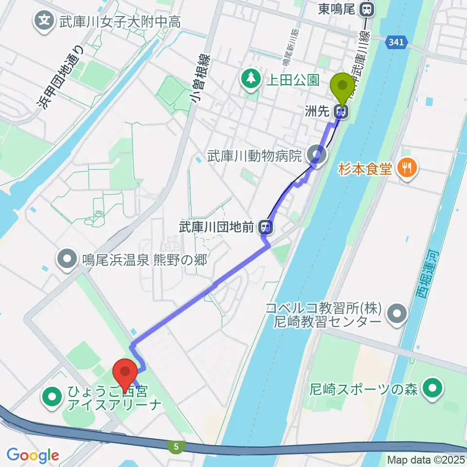 洲先駅から鳴尾浜臨海野球場へのルートマップ地図