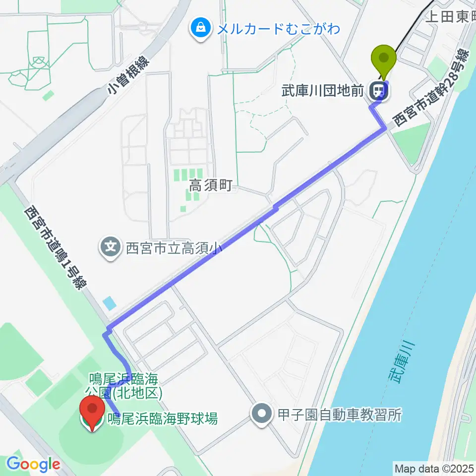 鳴尾浜臨海野球場の最寄駅武庫川団地前駅からの徒歩ルート（約15分）地図