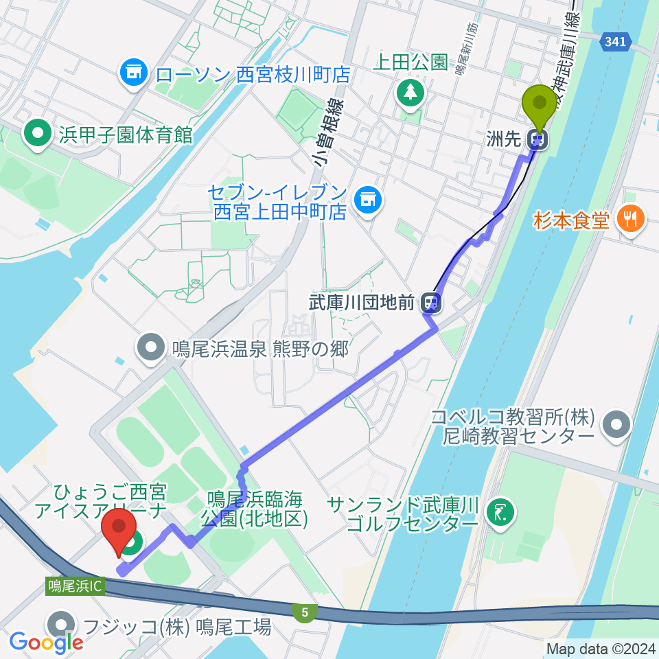 洲先駅からひょうご西宮アイスアリーナへのルートマップ地図