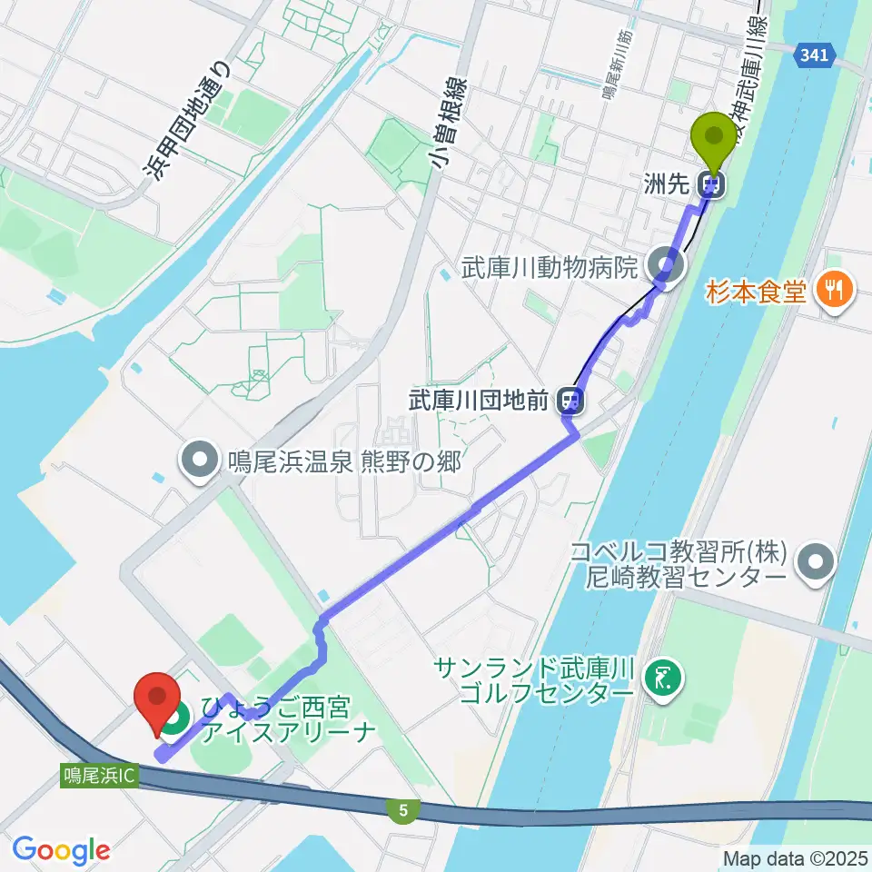洲先駅からひょうご西宮アイスアリーナへのルートマップ地図