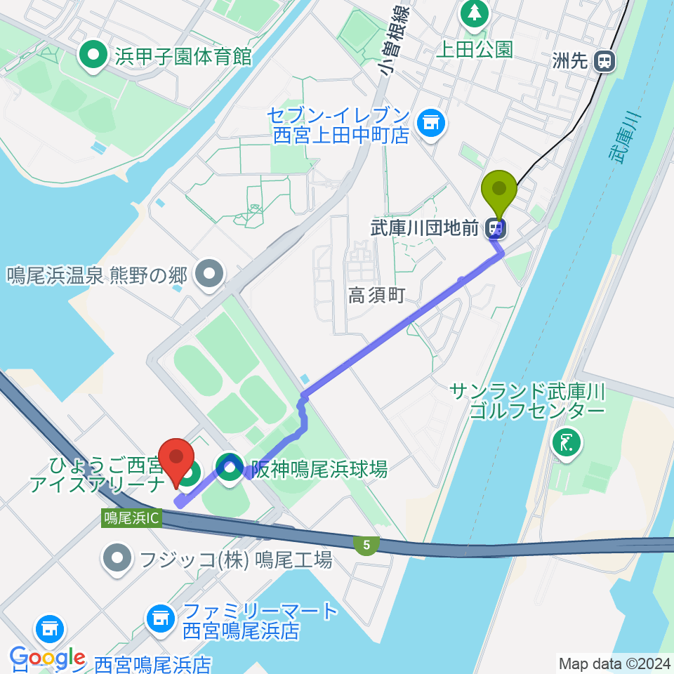 ひょうご西宮アイスアリーナの最寄駅武庫川団地前駅からの徒歩ルート（約20分）地図