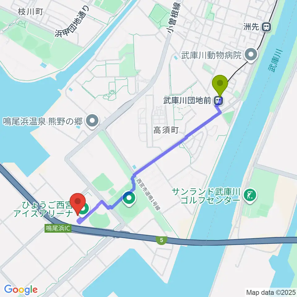 ひょうご西宮アイスアリーナの最寄駅武庫川団地前駅からの徒歩ルート（約20分）地図