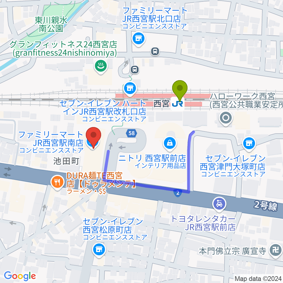 石井音楽教室の最寄駅西宮駅からの徒歩ルート（約3分）地図