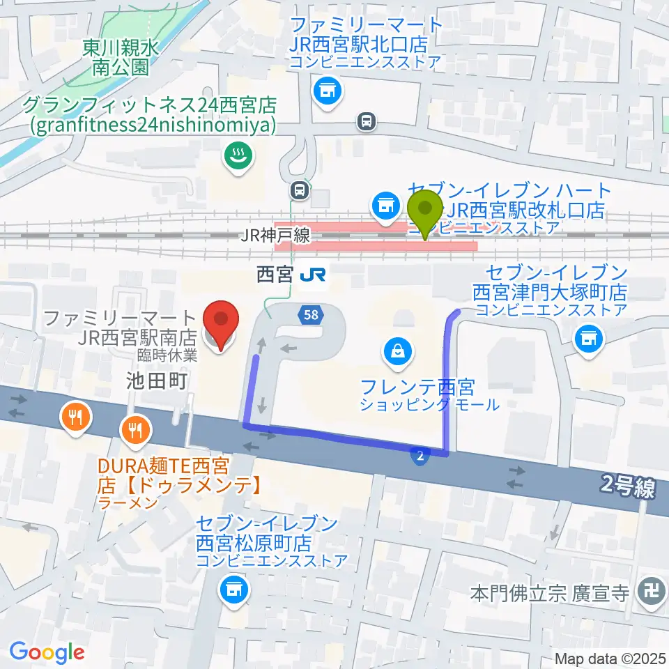 石井音楽教室の最寄駅西宮駅からの徒歩ルート（約3分）地図