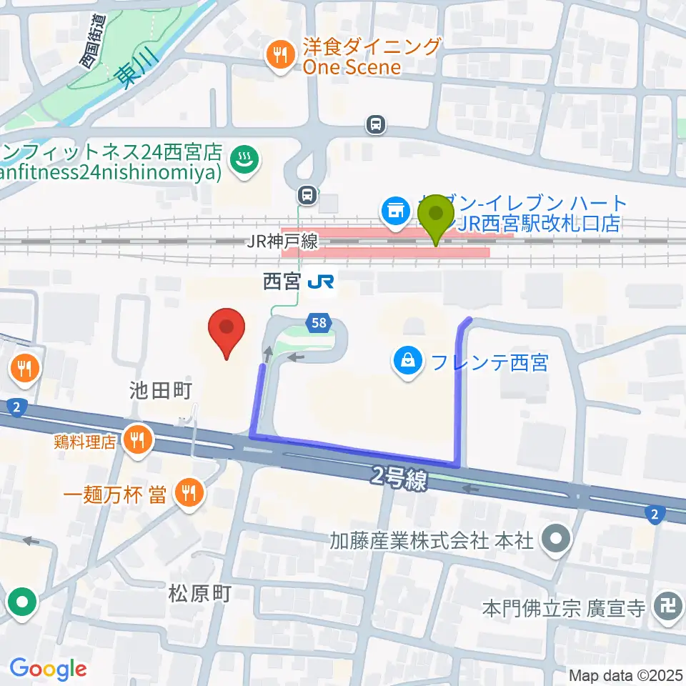 石井音楽教室の最寄駅西宮駅からの徒歩ルート（約3分）地図