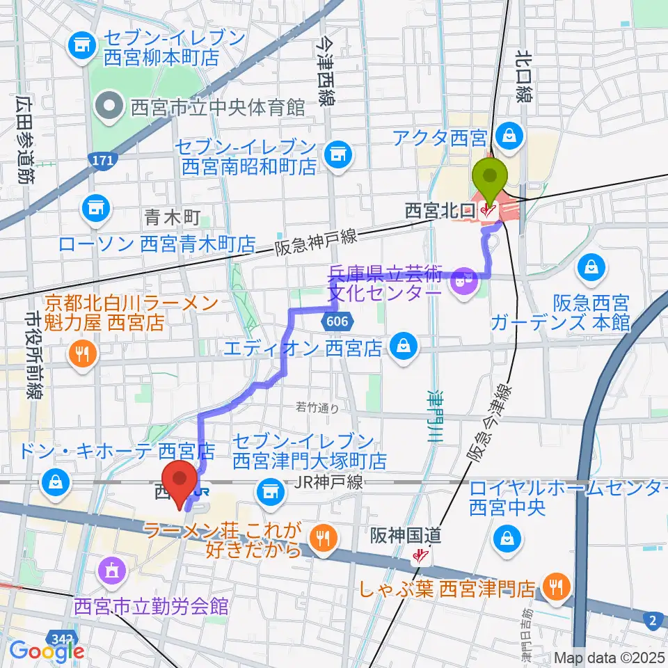 西宮北口駅から石井音楽教室へのルートマップ地図