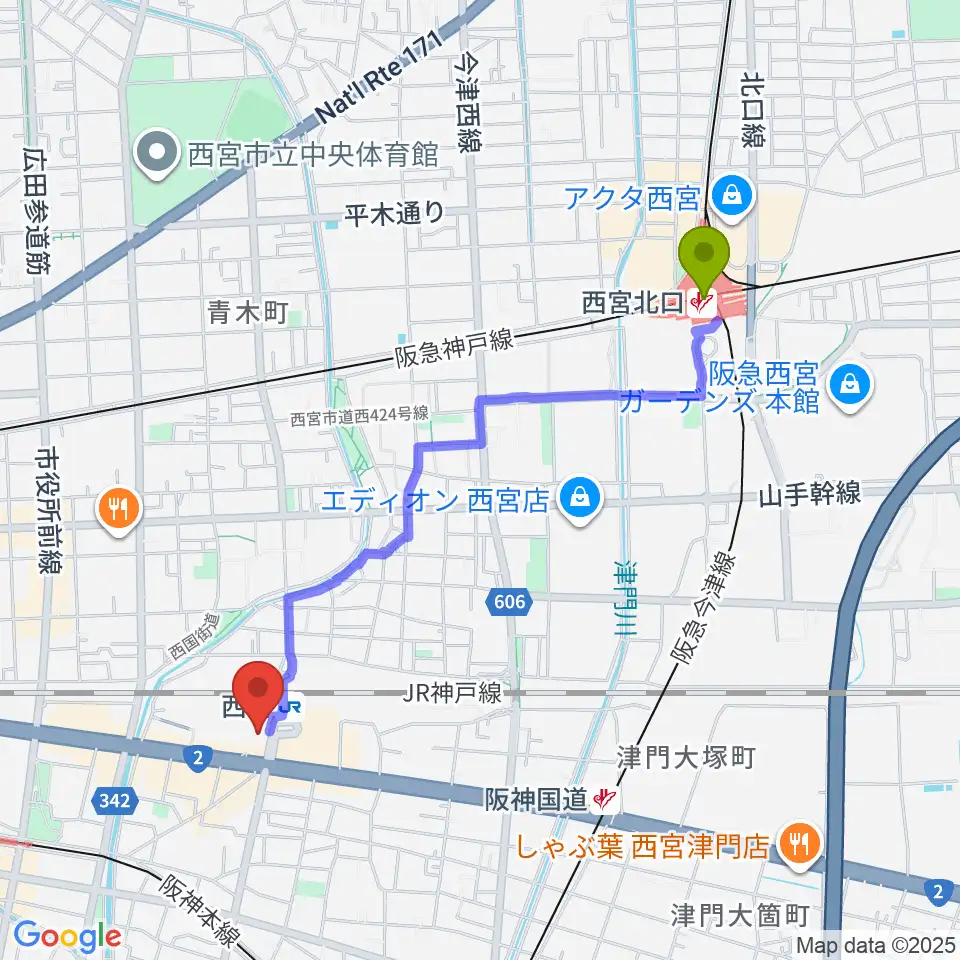西宮北口駅から石井音楽教室へのルートマップ地図