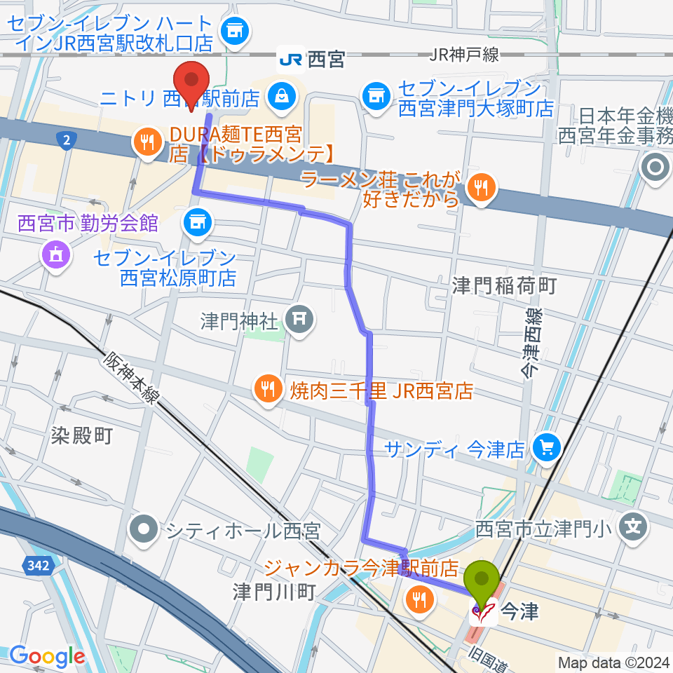 今津駅から石井音楽教室へのルートマップ地図