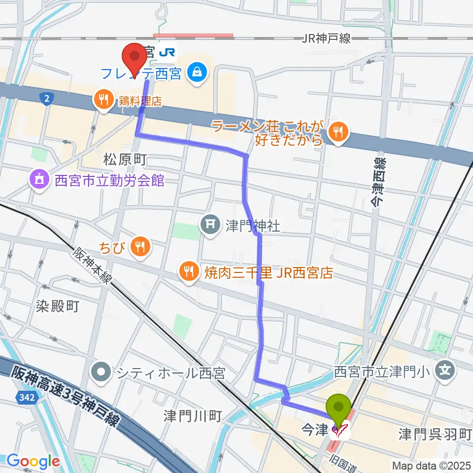 今津駅から石井音楽教室へのルートマップ地図